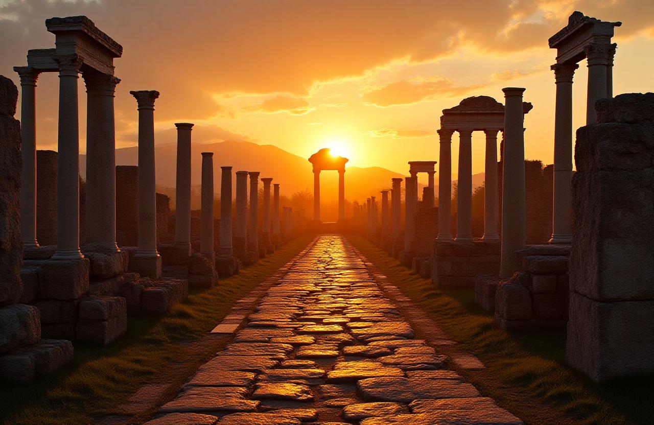 Vista suggestiva dei Fori Romani al tramonto
